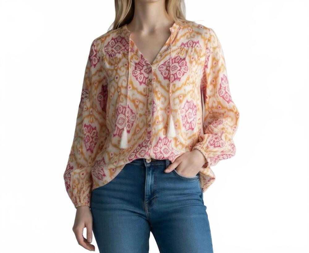 NEW ELAN print button blouse in gold multi